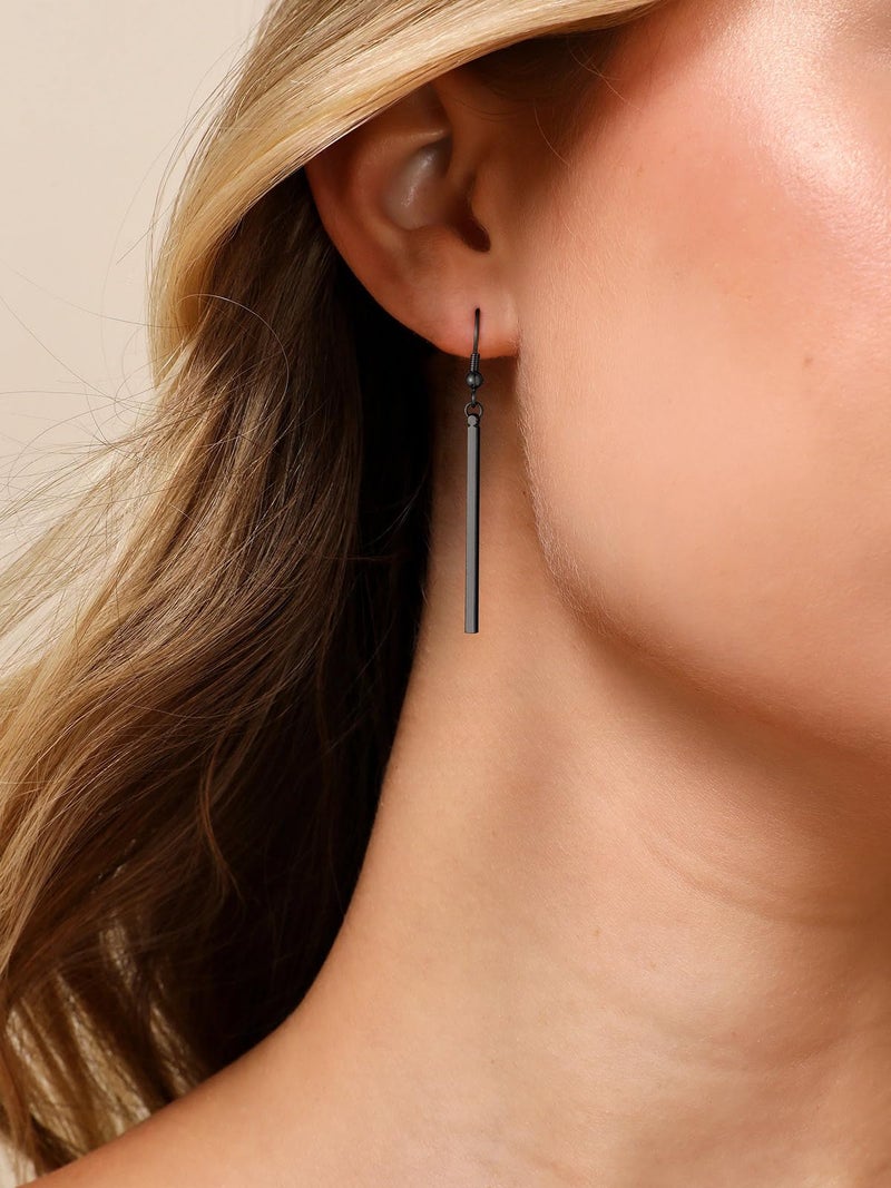 FOCALOOK Black Earrings for Women Hypoallergenic Minimalist Thin Drop Dangle Long Vertical Bar Earrings - Image 2